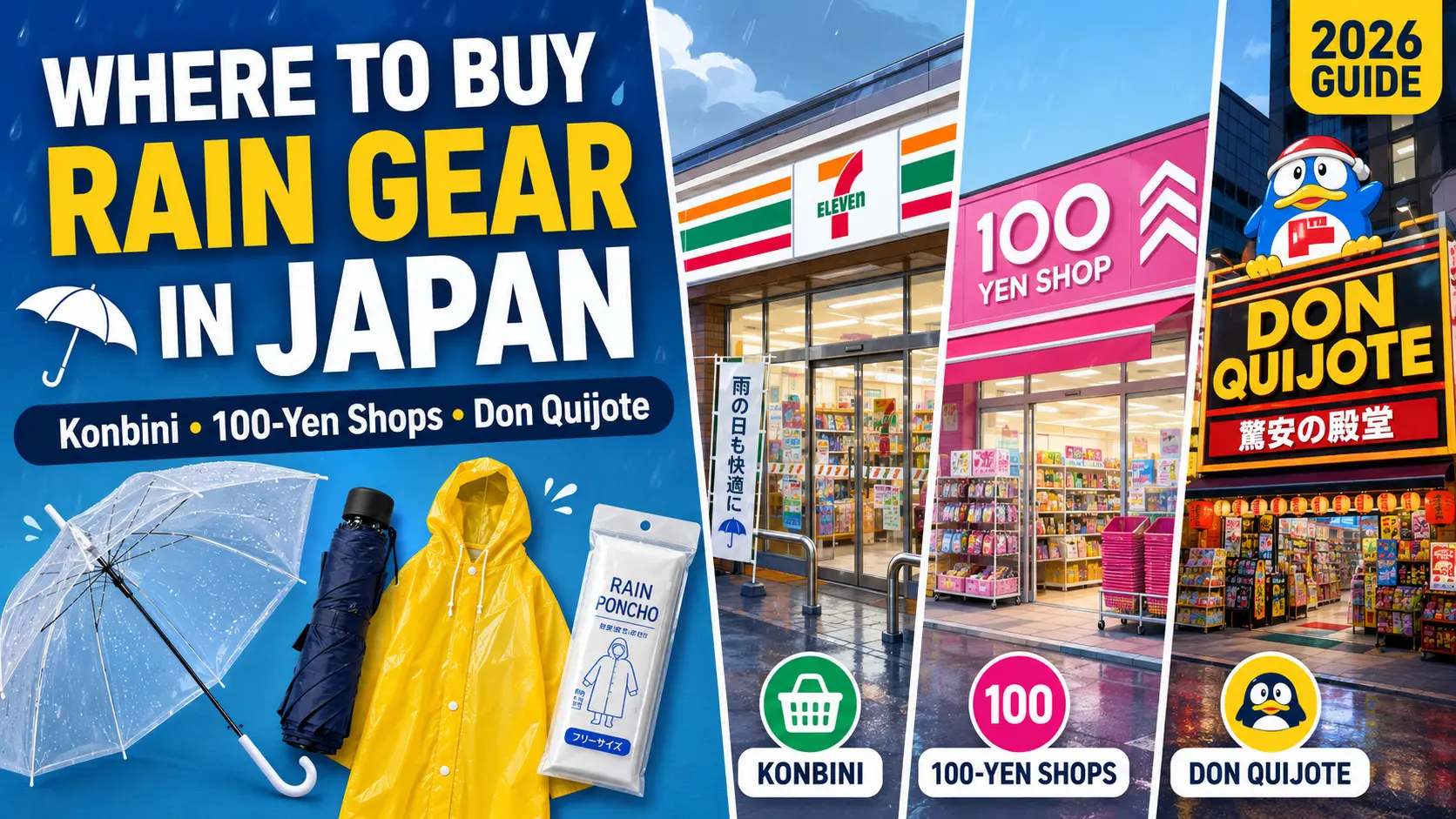 【2026年版】日本で雨の日グッズはどこで買う?コンビニ・100均・ドンキで揃える梅雨の持ち物ガイド